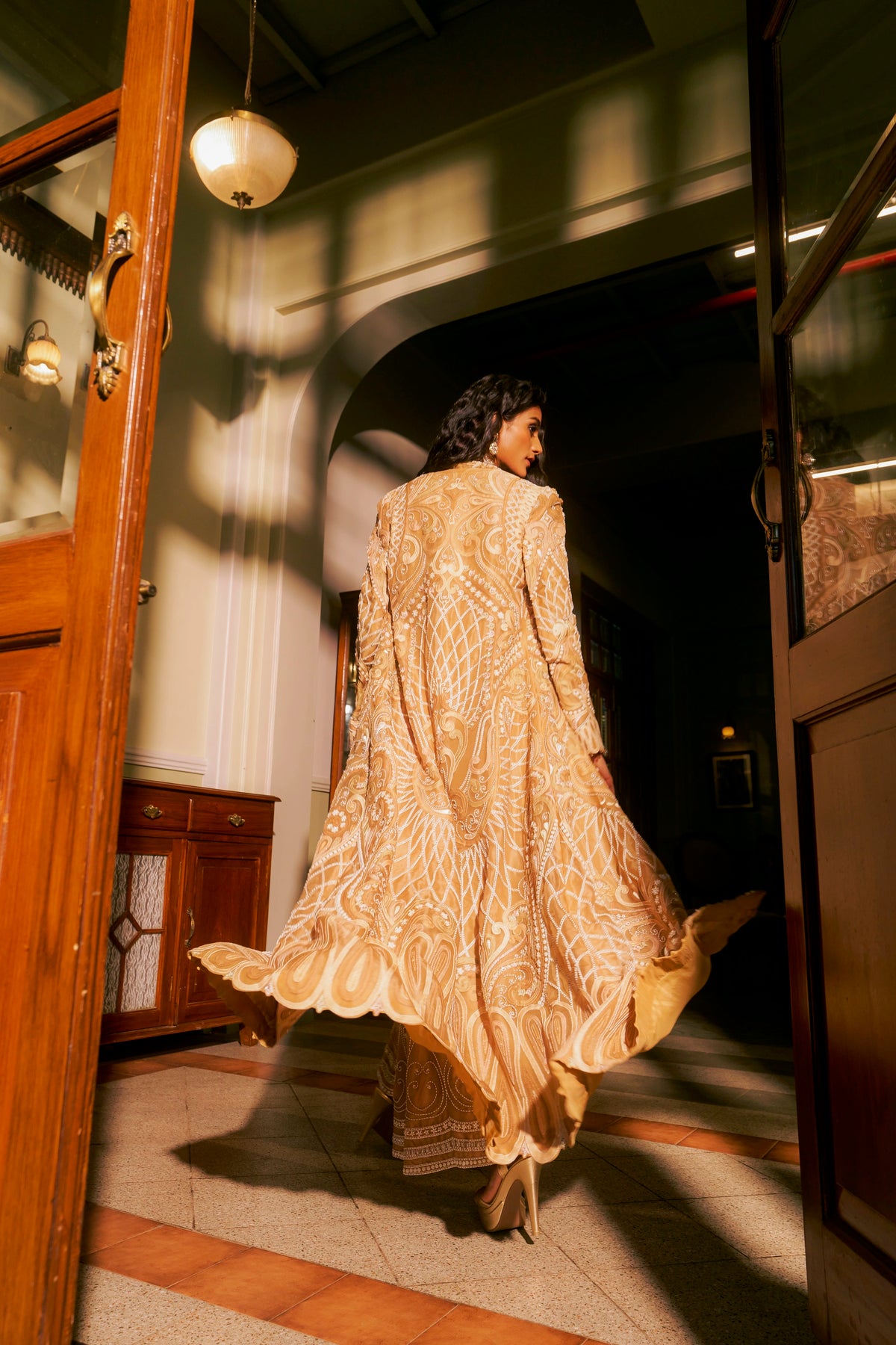 Beige Shadow Embroidered Jacket Set