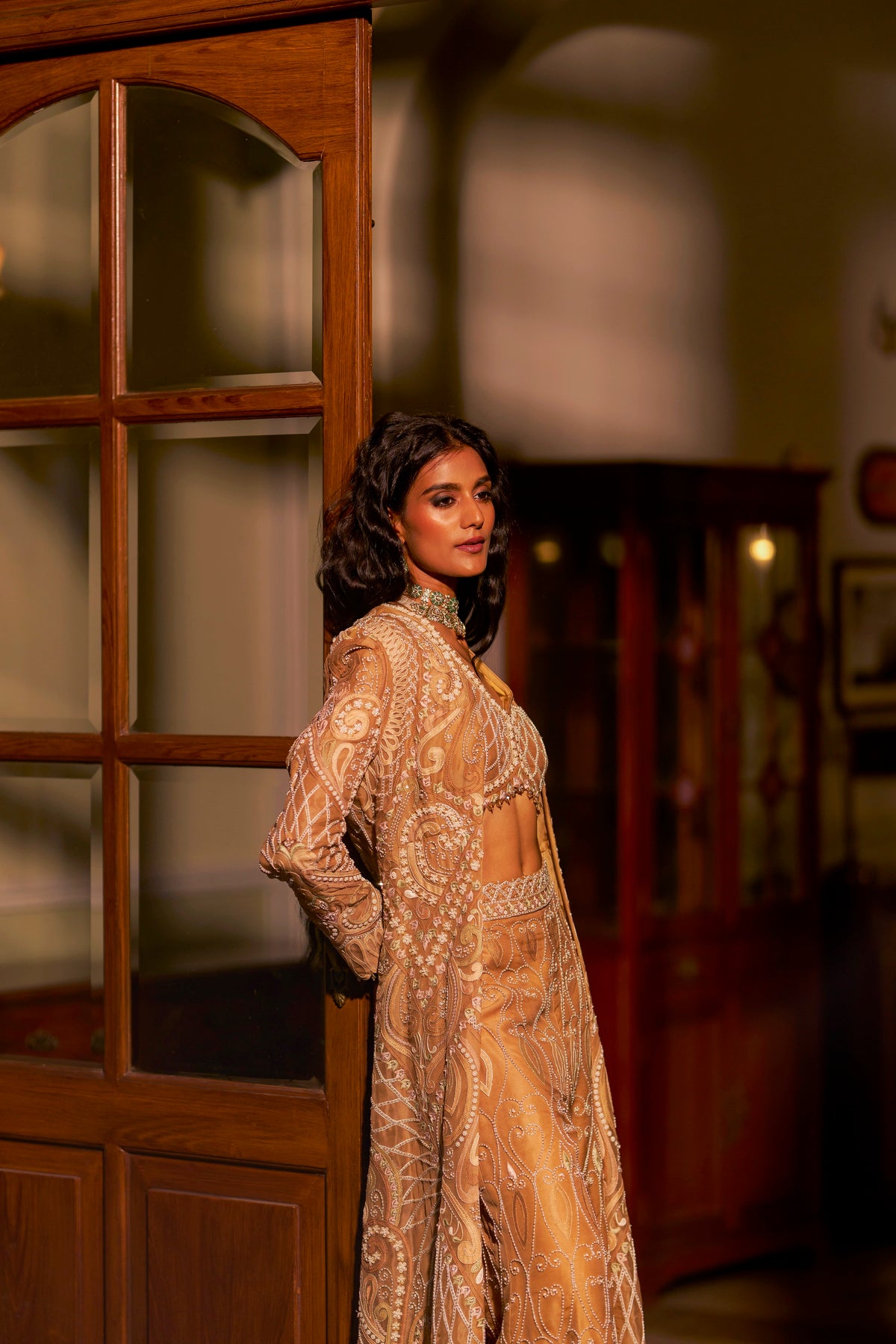 Beige Shadow Embroidered Jacket Set