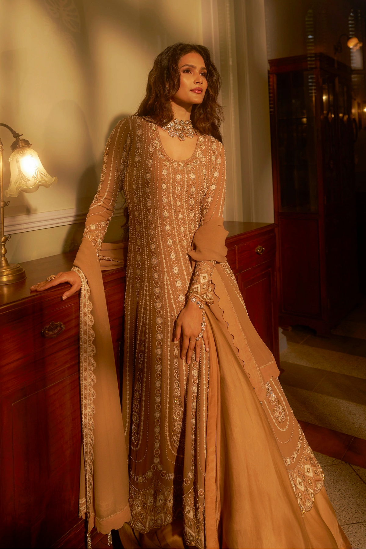 Beige Hand-Embellished Anarkali Set