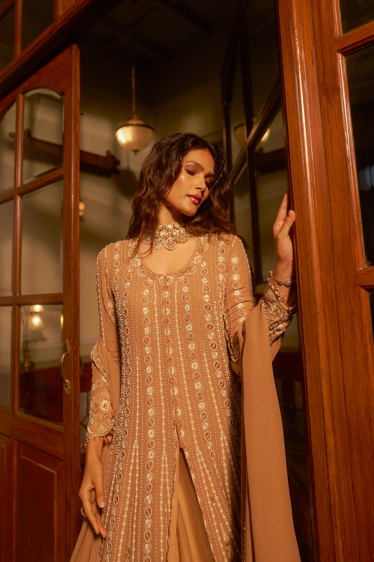 Beige Hand-Embellished Anarkali Set