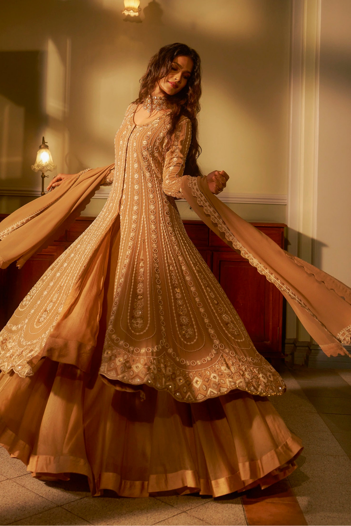 Beige Hand-Embellished Anarkali Set