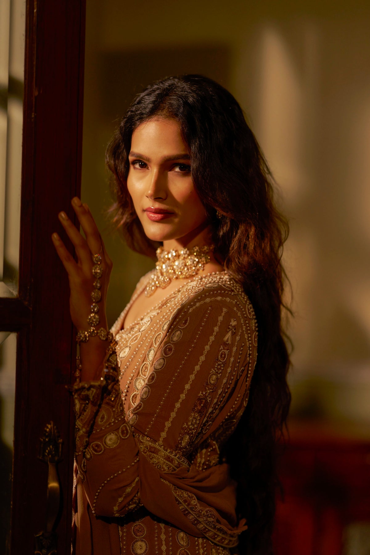 Beige Hand-Embellished Anarkali Set