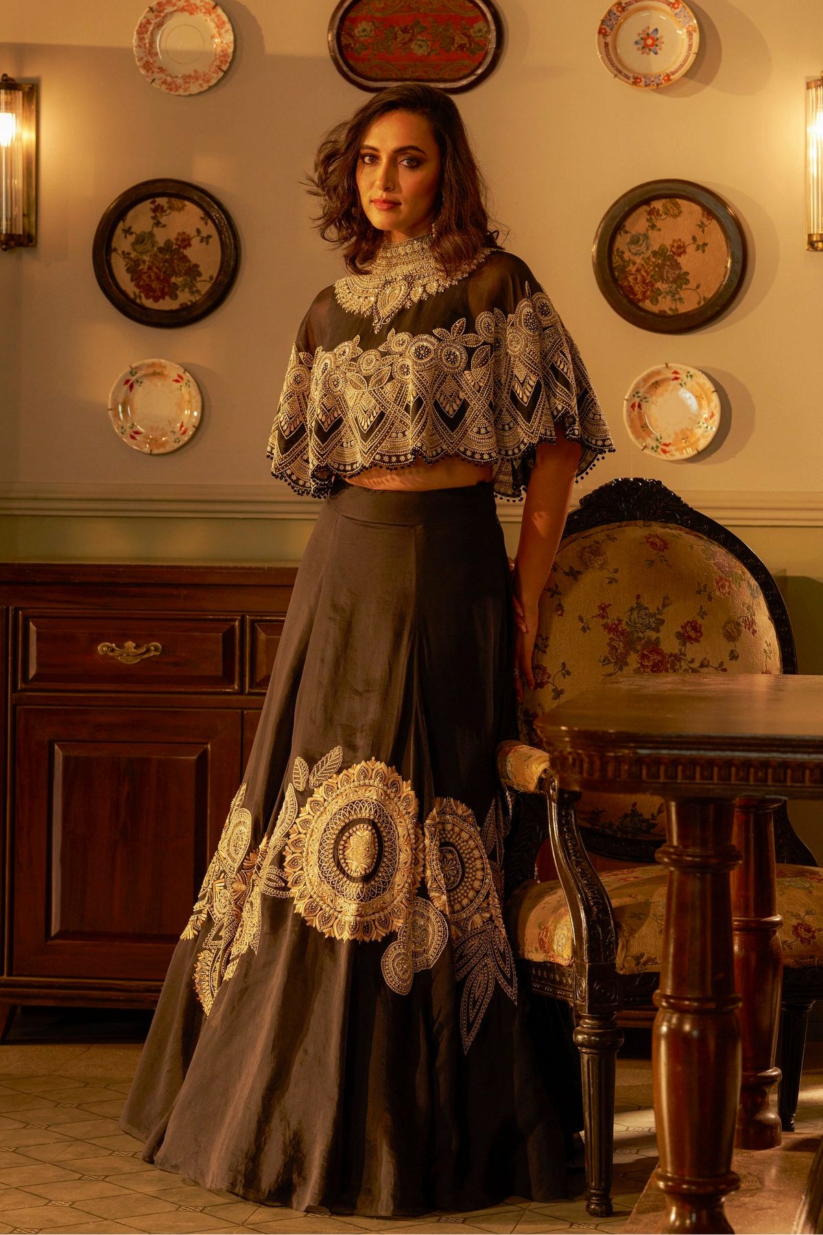 Black Shadow Work Fusion Lehenga Set