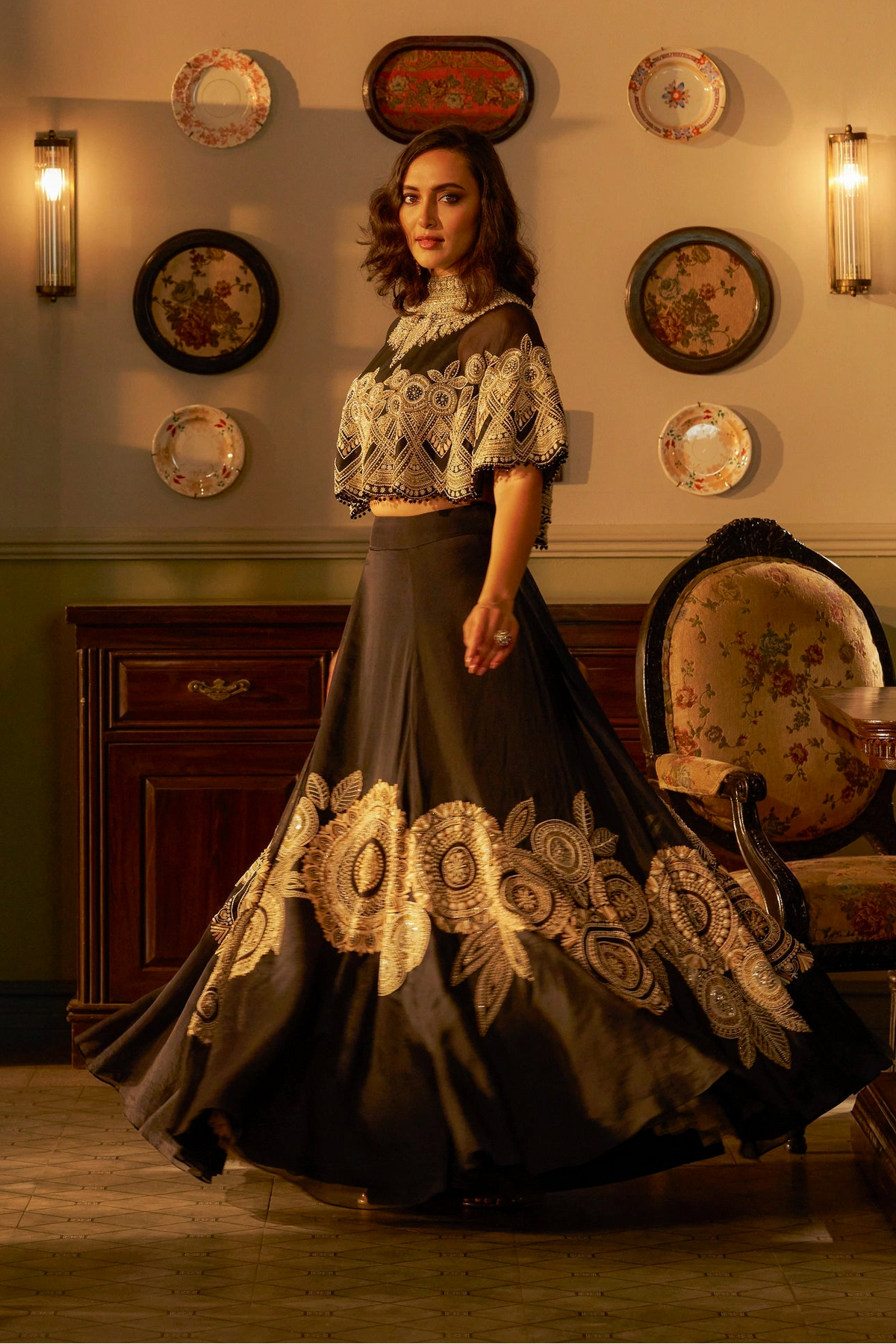 Black Shadow Work Fusion Lehenga Set