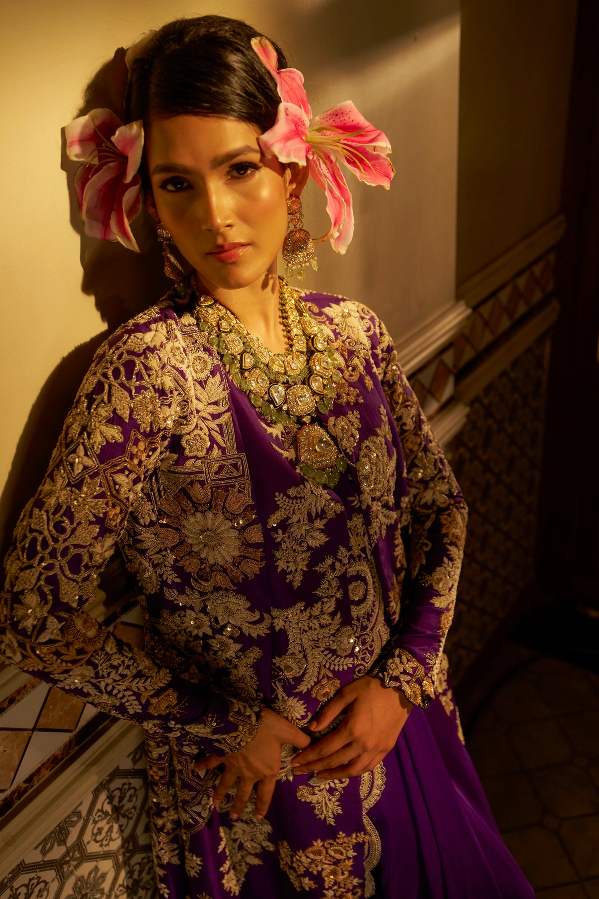 Purple Hand-Embroidered Jacket Set