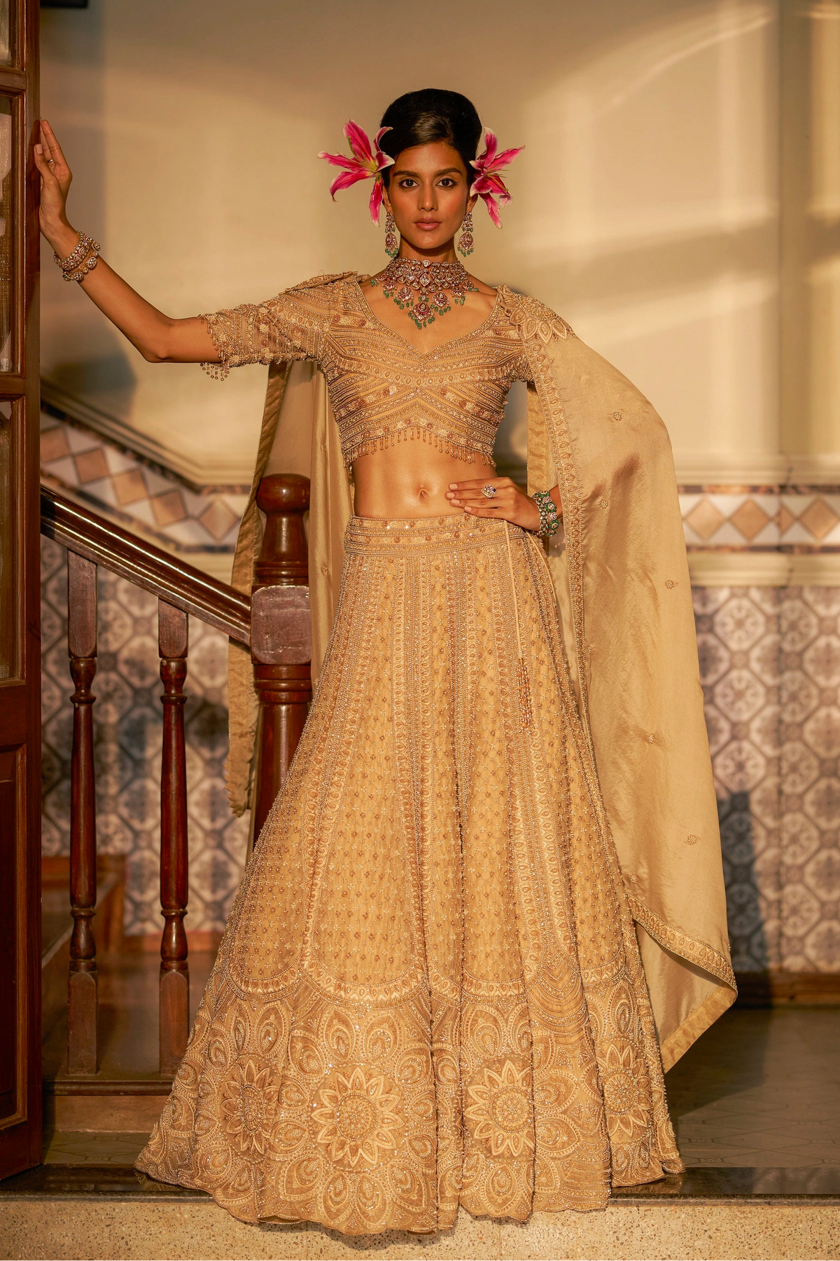 Champagne Beige Hand-Embellished Shadow Work Lehenga Set