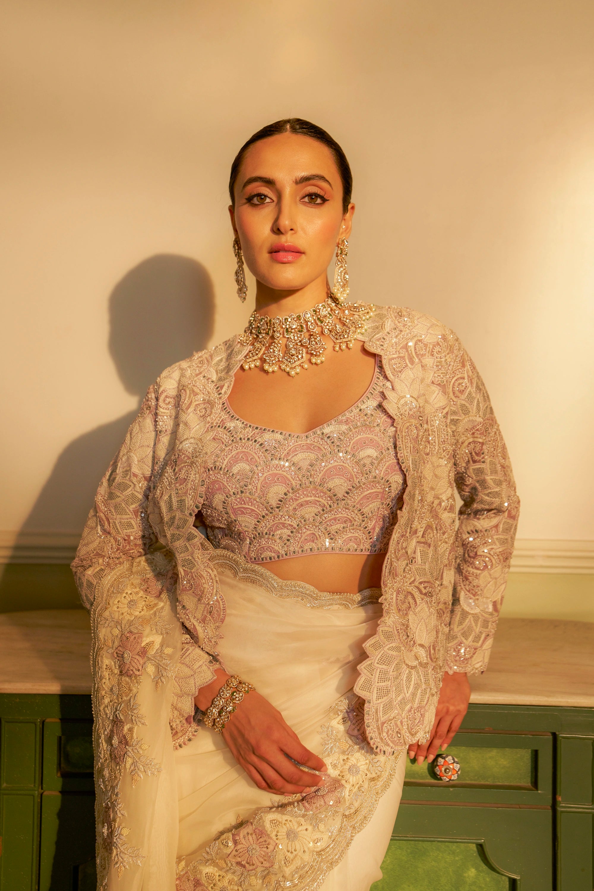 Ivory Fusion Saree Set with Lilac Jacket