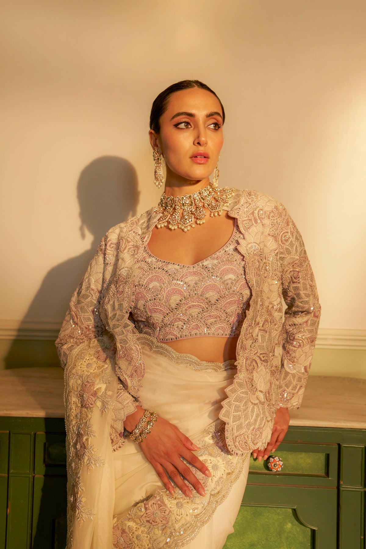 Ivory Fusion Saree Set with Lilac Jacket