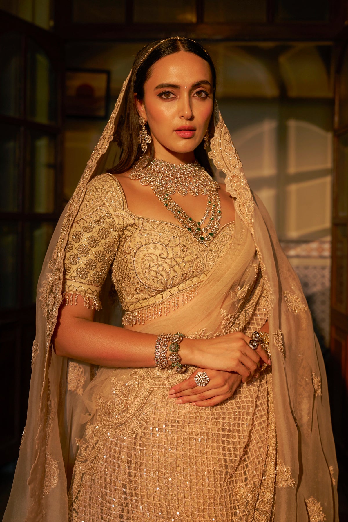Champagne Beige Lehenga Set with Saree