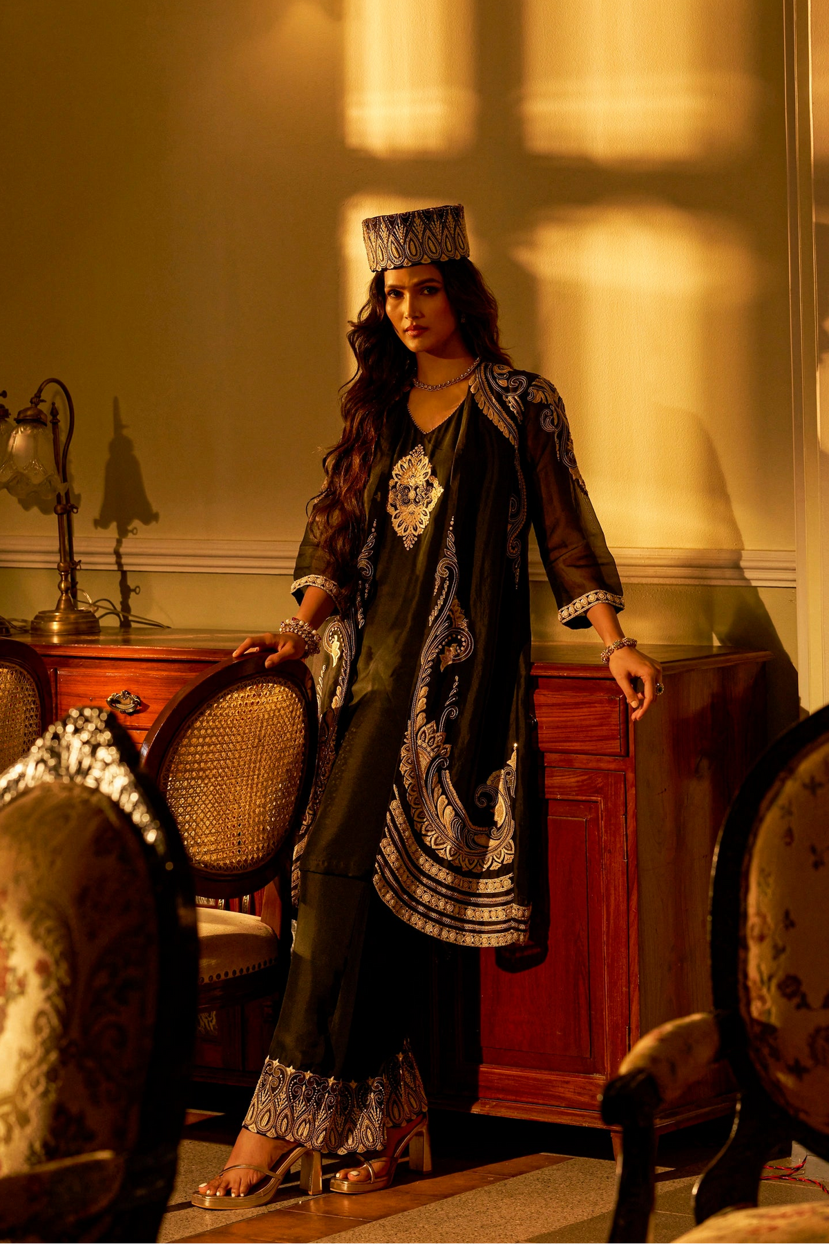 Black Hand-Embellished Jacket Set