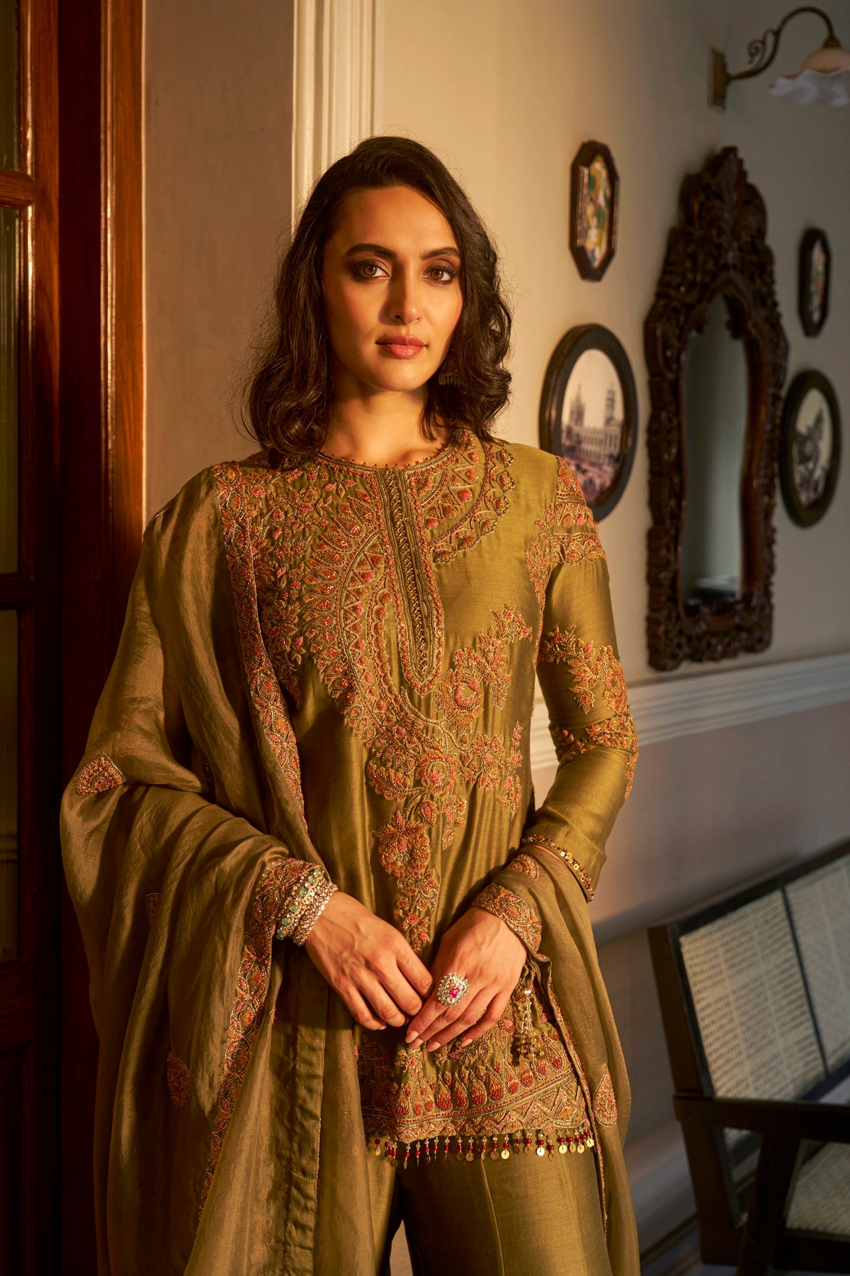 Olive Hand-Embellished Sharara Set