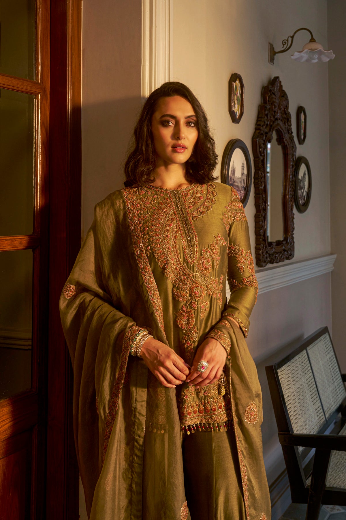 Olive Hand-Embellished Sharara Set