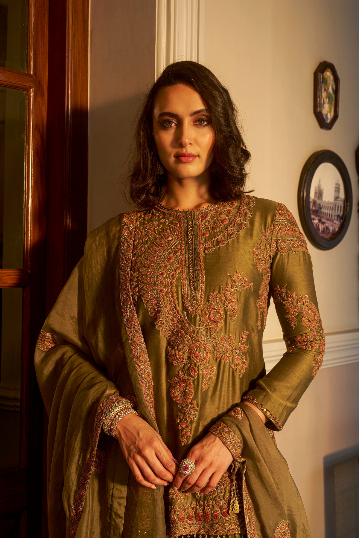 Olive Hand-Embellished Sharara Set