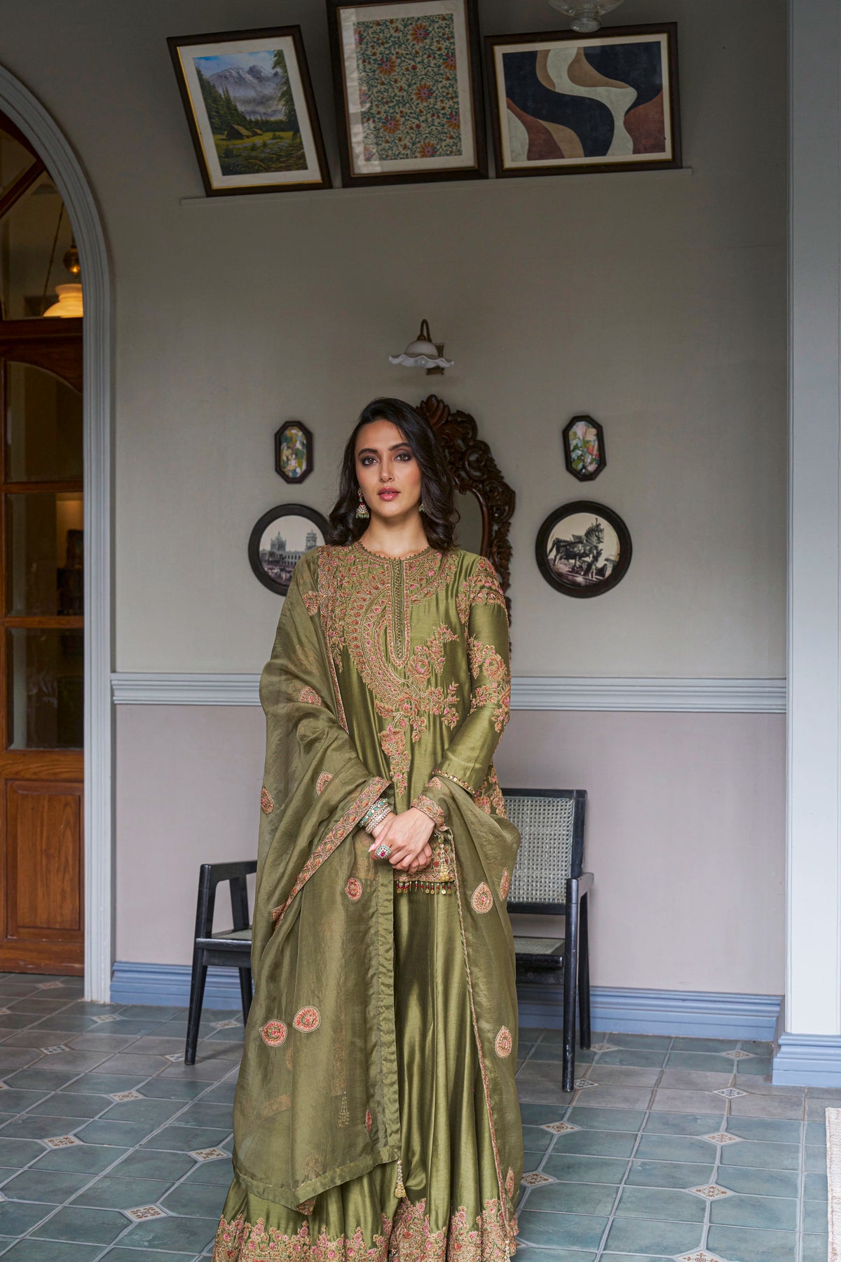 Olive Hand-Embellished Sharara Set