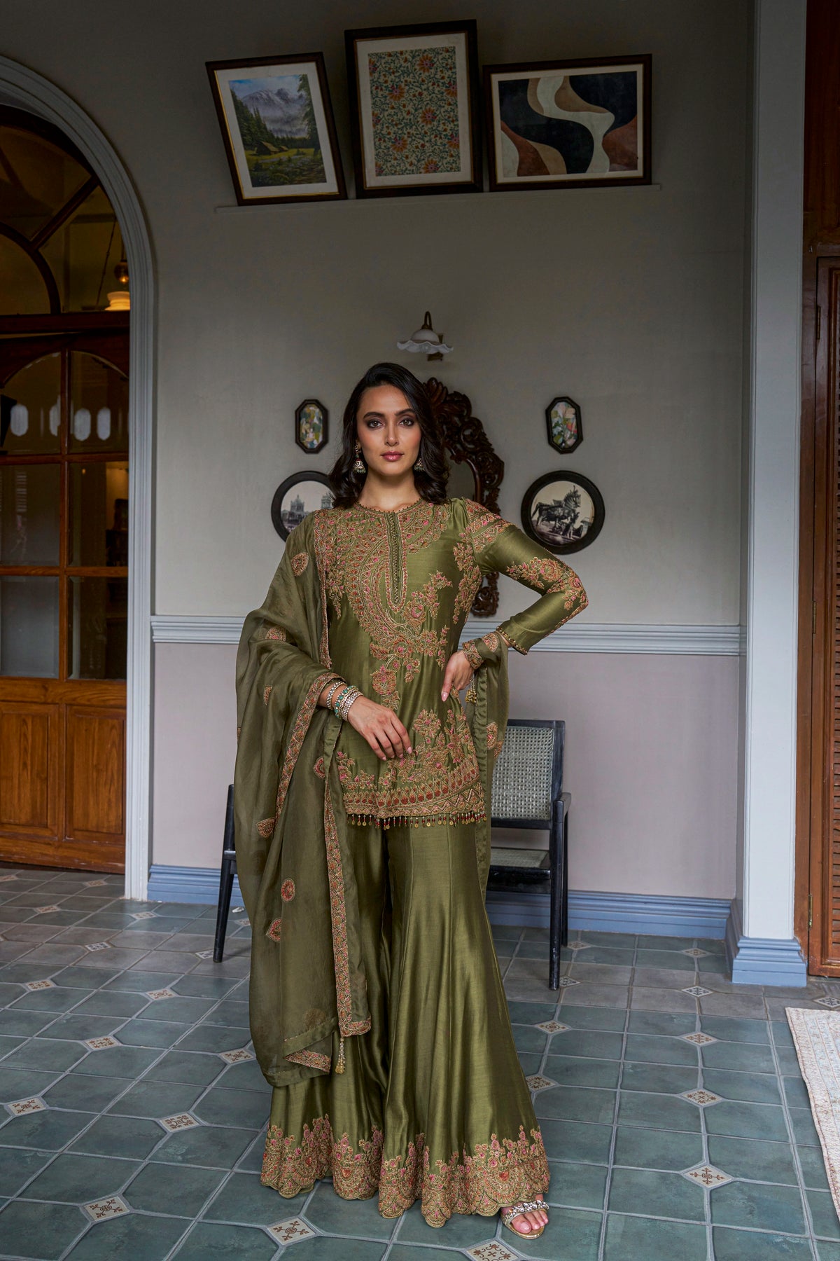 Olive Hand-Embellished Sharara Set