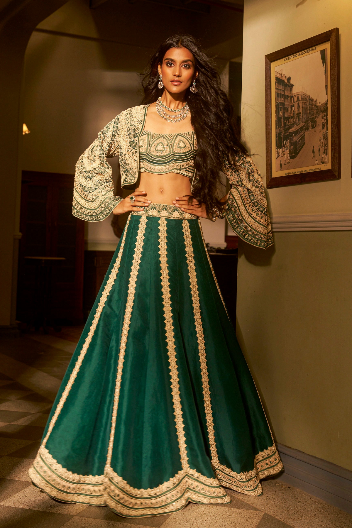 Emerald Green Fusion Lehenga Set
