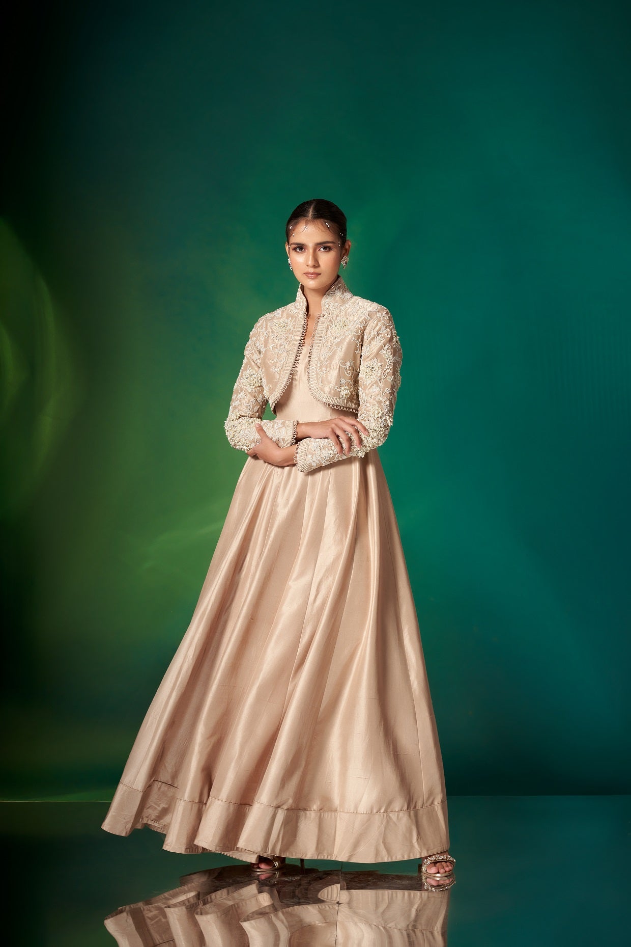short jacket anarkali dress Tangerine short jacket with Anarkali