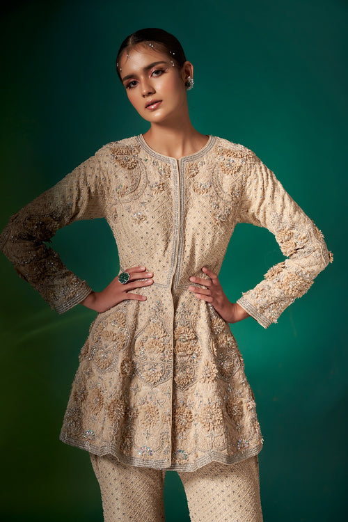 Beige Applique Peplum Set